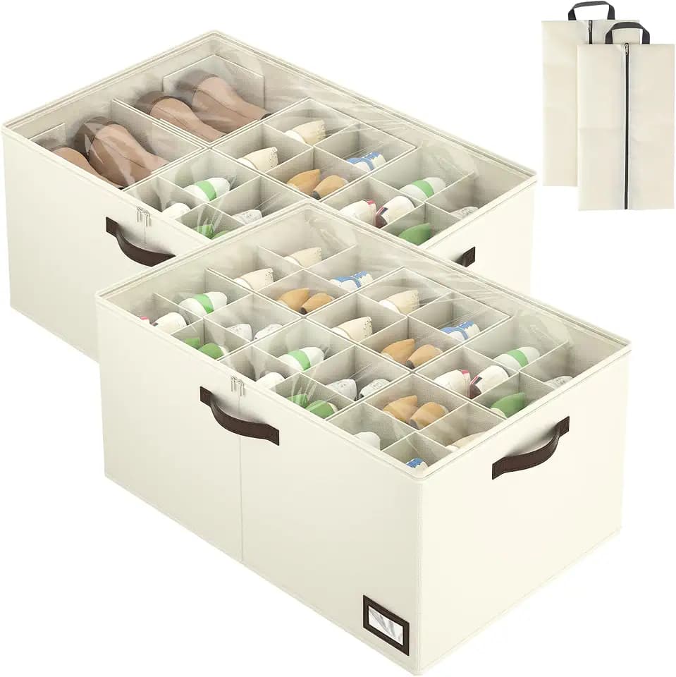 OIAHOMY 2 Pack Shoe Organizer for Closet, Large Foldable Shoe Storage Bins with Dividers and Reinforced Handles, Each Clear Cover Sneaker Box Fits Up to 24 Pairs for Entryway and Bedroom, Beige