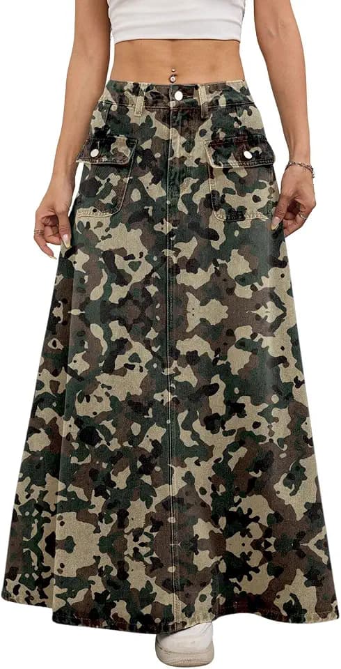 ebossy Women's Vintage Mid-Rise Multi-Pockets Flared Long Jean Skirts Pleated Flowy Swing A-line Denim Maxi Skirts