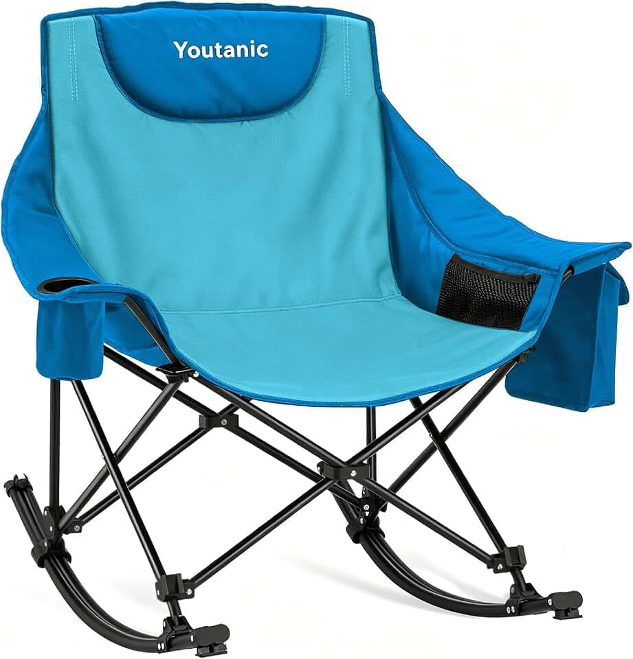 Youtanic Oversized Folding Rocking Camping Chair, Padded Portable Rocking Chair with Pockets, Cup Holder and Carry Bag, Heavy Duty Outdoor Rocker Patio Chair for Garden, Lawn, Yard, Up to 350lbs