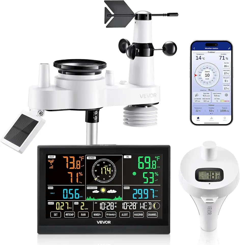 VEVOR 7-in-1 WLAN-Wetterstation mit APP, 7,5-Zoll-Display, solarbetriebener Außensensor, mit Poolthermometer, Regenmesser, Wettercenter für Wettervorhersage, Windgeschwindigkeit, Pooltemperatur
