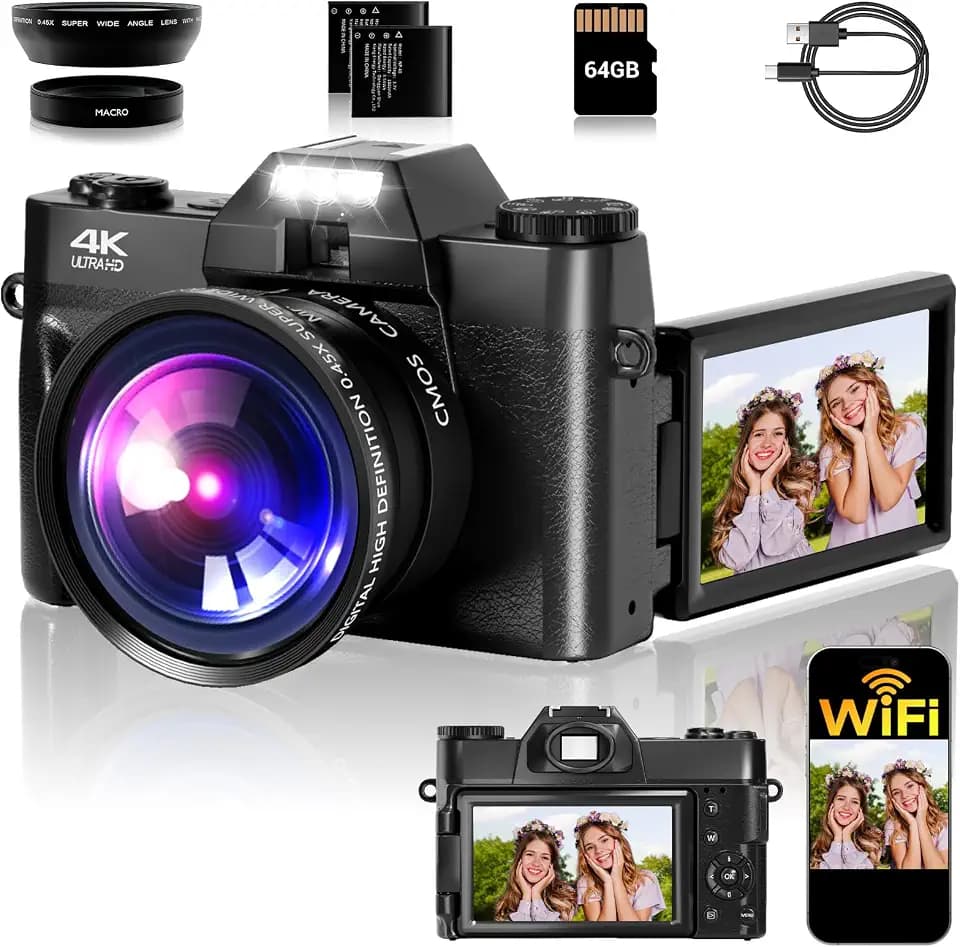 4K Digital Camera for Photography, 75MP WiFi Vlogging Camera for YouTube, 3" 180° Flip Screen Point and Shoot Camera with 64GB SD Card, 2 Batteries, Compact Travel Camera for Beginners