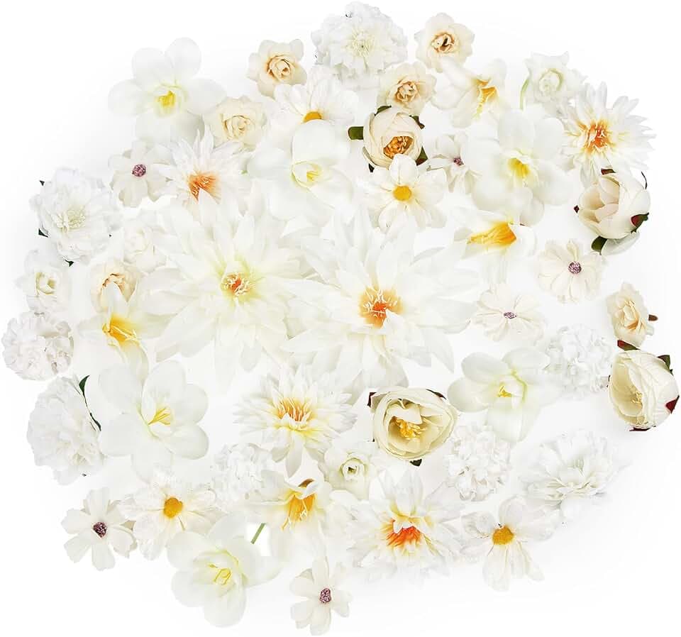 LACGO 48 PCS Faux Flowers Heads Bulk - Artificial Rose Daisy Heads Silk Fake Flower DIY Cake Blossom Wreath Garland Bouquets for Graduation Wedding Crafts Bridal Party Baby Shower Decoration(White)