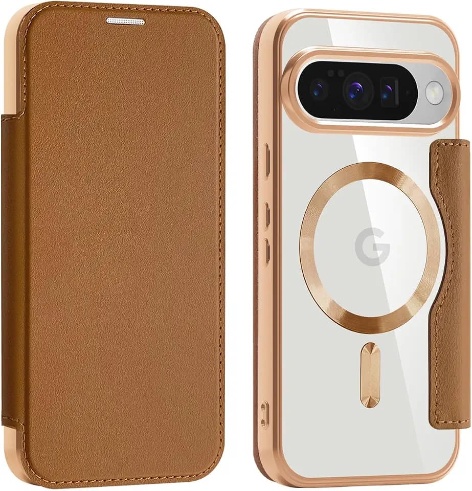 Hülle für Google Pixel 10/Pixel 10 Pro Transparent Klapphülle Flip Case Kompatibel mit MagSafe, PU Leder Handytasche Lederhülle mit Kartenfach RFID-Sperre Schutzhülle-Braun
