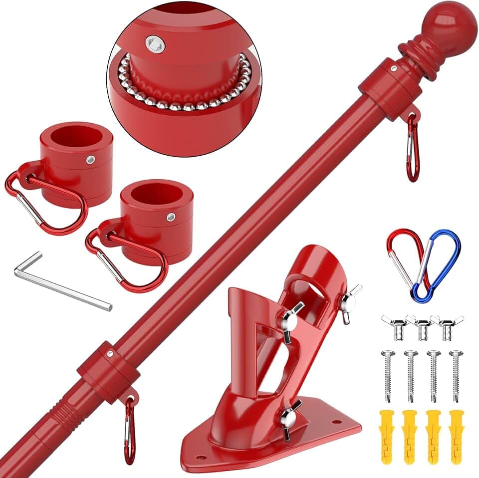 ZMTECH Flag Pole - Upgraded Bracket,(2 Packs) 6 FT Stainless Steel Flag Poles for Outside House, Residential or Commerical, Tangle Free Flag Pole Kit for American Flag (Without Flag, Red)