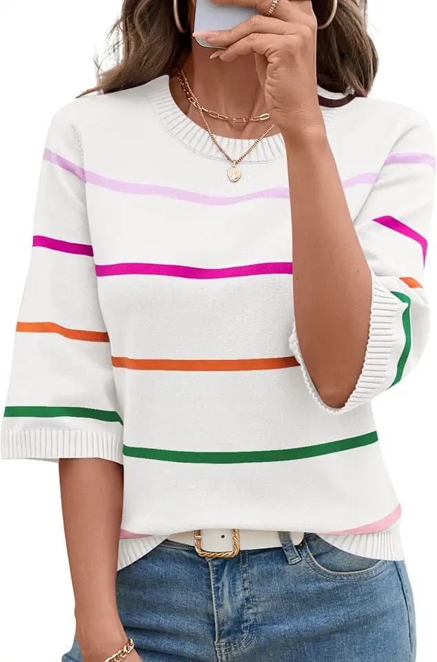 LOMON Womens Sweaters Casual Fall 2025 Crew Neck Striped 3/4 Sleeve Lightweight Knit Trendy Pullover Sweater Tops S-XL