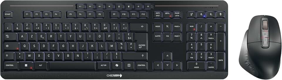 CHERRY Stream Desktop Ultimate, Kabelloses Multi-Device Tastatur-Maus-Set, Französisches Layout (AZERTY), Ergonomische Rechtshändermaus, Aufladbar, Schwarz