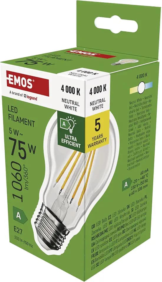 EMOS - LED-Lampe Filament A60 - A Klasse Vintage-Glühbirne - E27 Sockel - neutralweiß - 1060 lm - extra-sparsam, 5W (statt 75W Glühbirne) - 50 000 Stunden - Winkel 300° - CRI min. 80