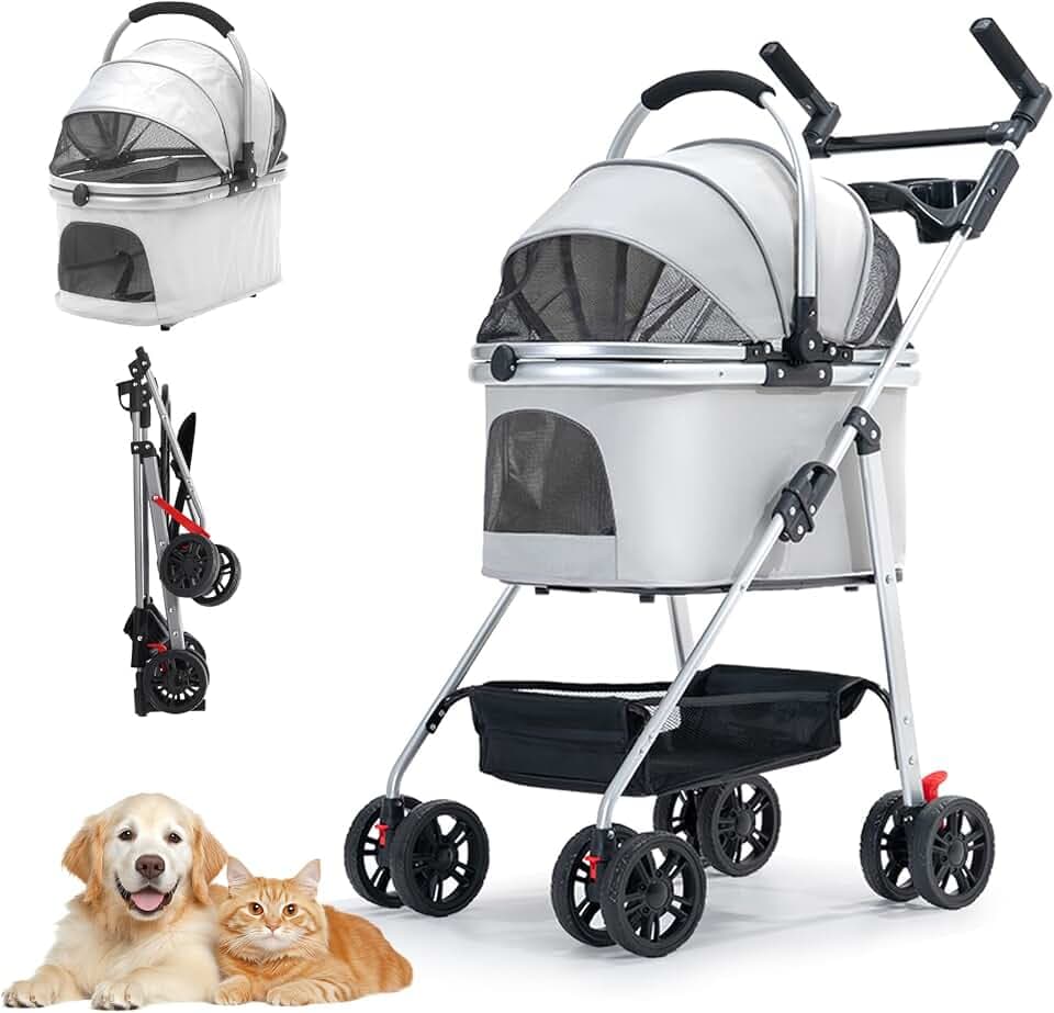 Hundewagen 3 in 1, Haustiere Buggy für mittelgroße Hunde, Faltbarer Hundebuggy bis 20kg, Haustiere Transportbox, Hundewagen mit abnehmbarem Carrier Autositz und Nahrungsmittelfach (grau)