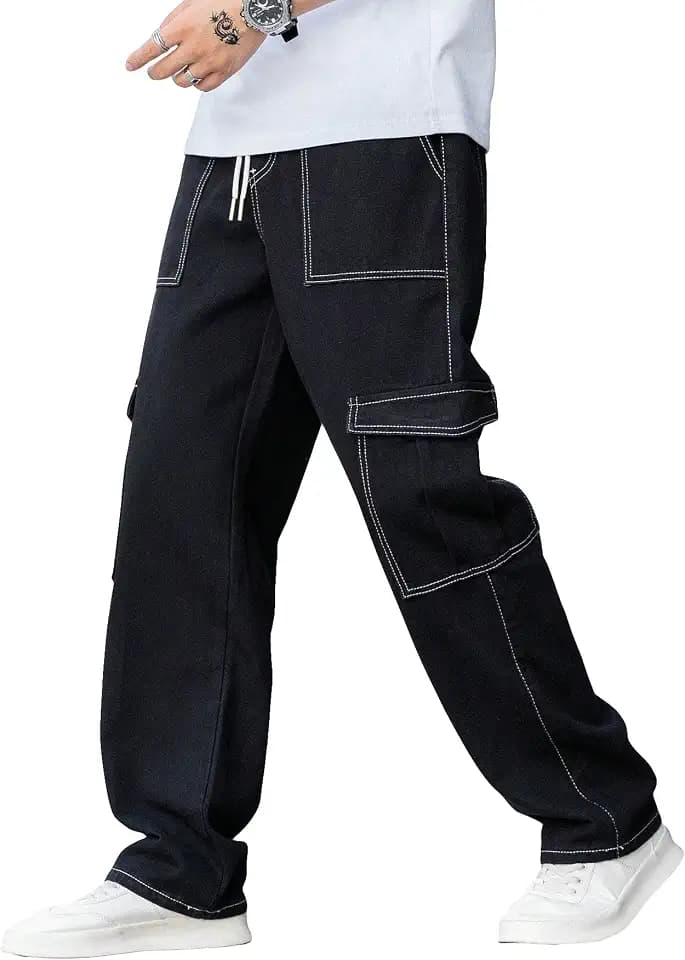 WDIRARA Men's Flap Pockets Cargo Drawstring High Waisted Casual Straight Leg Pants