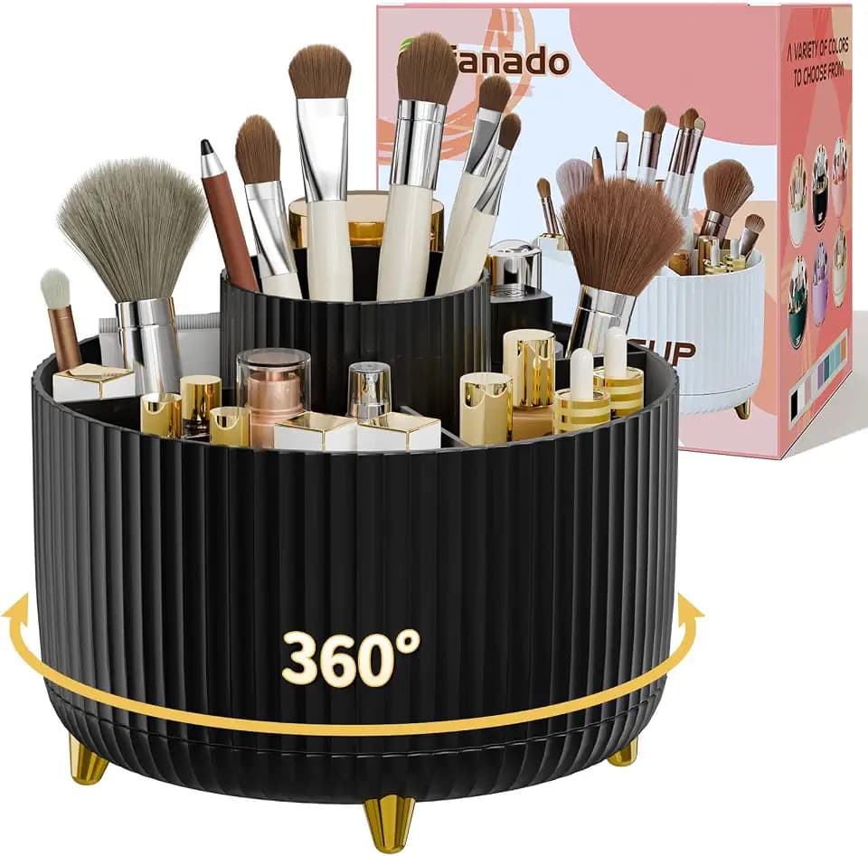 fanado 360 ° drehbarer Make-up-Organizer, Make-up-Pinselhalter, 5 Fächer für Make-up und Hautpflege-Aufbewahrung für Schminktisch, Desktop, Badezimmer (Schwarz)