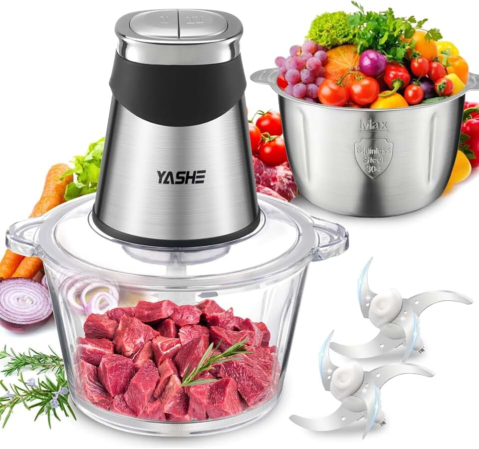 YASHE 500W Zerkleinerer mit 1,8L Edelstahlschüssel, 4 Klingen | Elektrischer Küchenzerkleinerer mit 2 Geschwindigkeiten, 4-fachen Klingen, ideal für Fleisch, Gemüse, Zwiebeln und mehr.