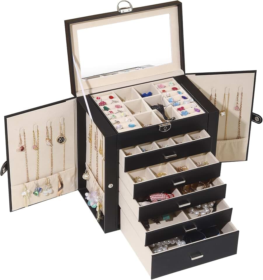 BOOVO Schmuckkästchen für Damen, 6 Ebenen, großer Schmuck-Organizer mit Spiegel, multifunktionale Aufbewahrungsbox mit Schloss, Zubehörhalter mit 5 Schubladen, für Ohrringe, Halsketten, Ringe,