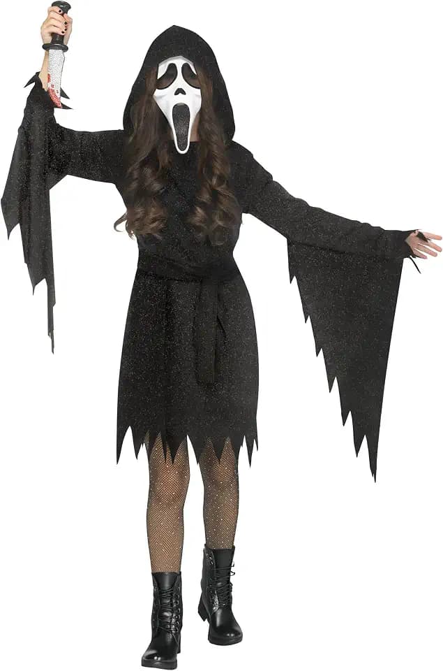 Fun World Girls' Glitter Ghost Face Costume, Medium, Black