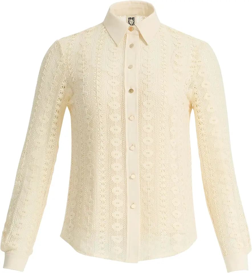 Anne Klein Women's Women's Long Sleeve Crochet Button-Front Top