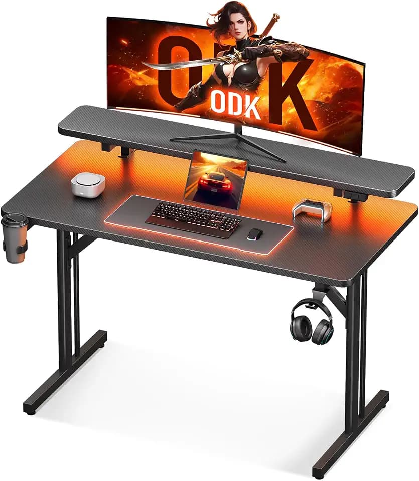 ODK Kleiner Gaming Schreibtisch mit LED, 80 cm, Carbon Fiber Schwarz | Gaming Tisch mit Becherhalter und Kopfhörerhaken , Schreibtisch mit Monitorständer, einfache Montage, für Kleine Räume