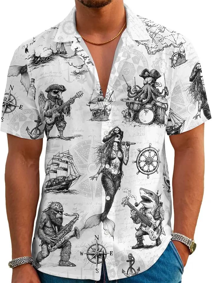 THE PIRATE KING Funny Pirate Hawaiian Shirt Men's Aloha Shirt Summer Beach Vacation Short Sleeve Casual Button Down Shirt