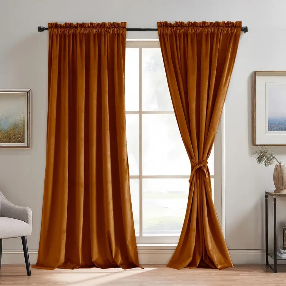 JIUZHEN Terracotta Red Velvet Blackout Curtains 52W x 96L 2 Panels