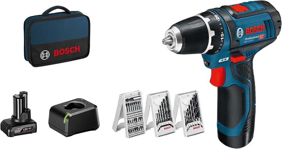 Bosch Professional 12V System Akku Bohrschrauber GSR 12V-15 (39 tlg. Zubehörset, 1x 2.0Ah Akku, 1x 4.0Ah Akku, Ladegerät, in Tasche), schwarz, blau, Size