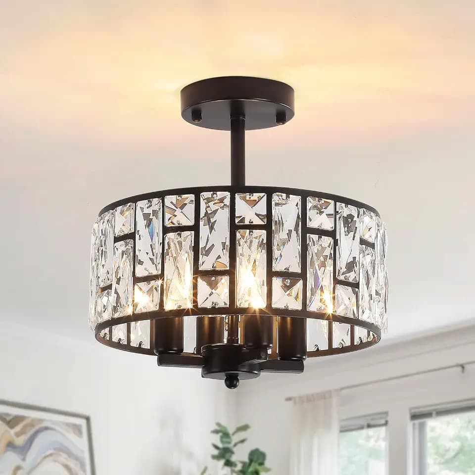4 Light Crystal Ceiling Light, Black, 11.22" Semi Flush Mount Ceiling Light