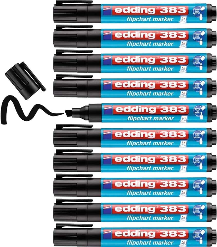 edding 383 Flipchart-Marker - schwarz - 10 Stifte - Keilspitze 1-5 mm - Stift zum Schreiben, Zeichnen und Markieren auf Flipcharts - Tinte schlägt nicht durch Papier - trocknet nicht aus -farbintensiv