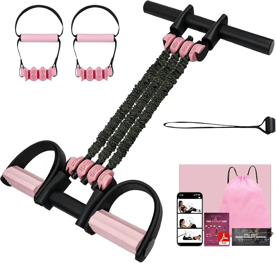 Pedal Widerstandsband mit Griff & Video-Guide | 20–60 kg einstellbar, 3 Bänder | für Bauch, Beine, Po & Reha-Training zuhause