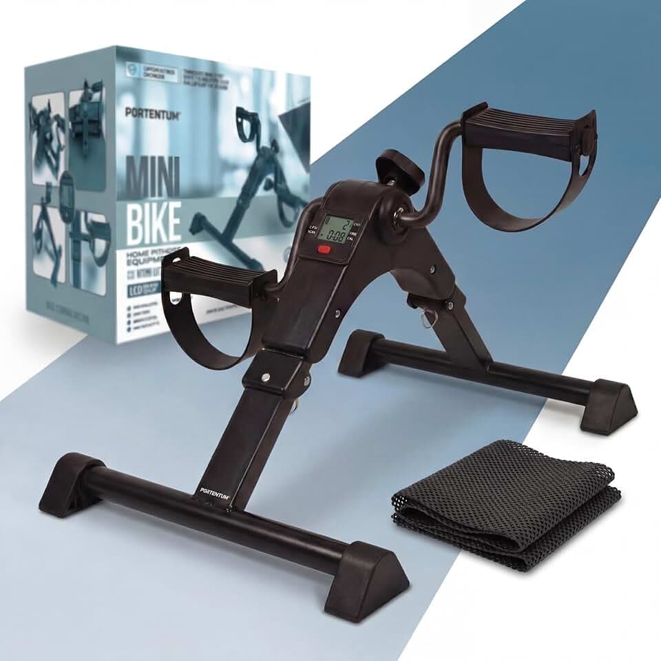 PORTENTUM Pedaltrainer für Senioren – Manuelle oder motorisierte Version – Beintrainer im Sitzen für Arme und Beine mit Rutschfester Matte und LCD-Display – Kompakter Mini Heimtrainer