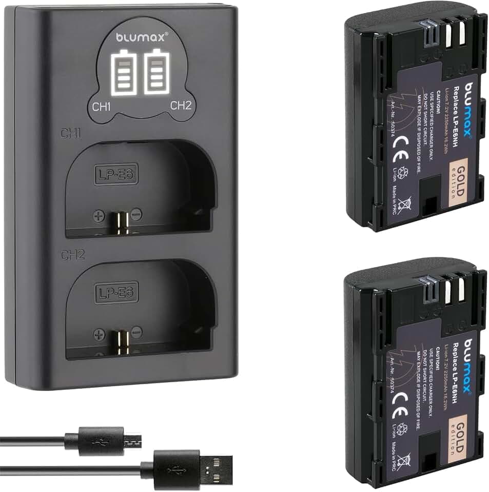 2X Blumax Akku kompatibel mit Canon LP-E6NH [ 2250mAh ] + Slim Dual Charger LP-E6P LP-E6N LP-E6 für Canon EOS R R5 II R6 II R7-5D Mark III IV 7D 90D
