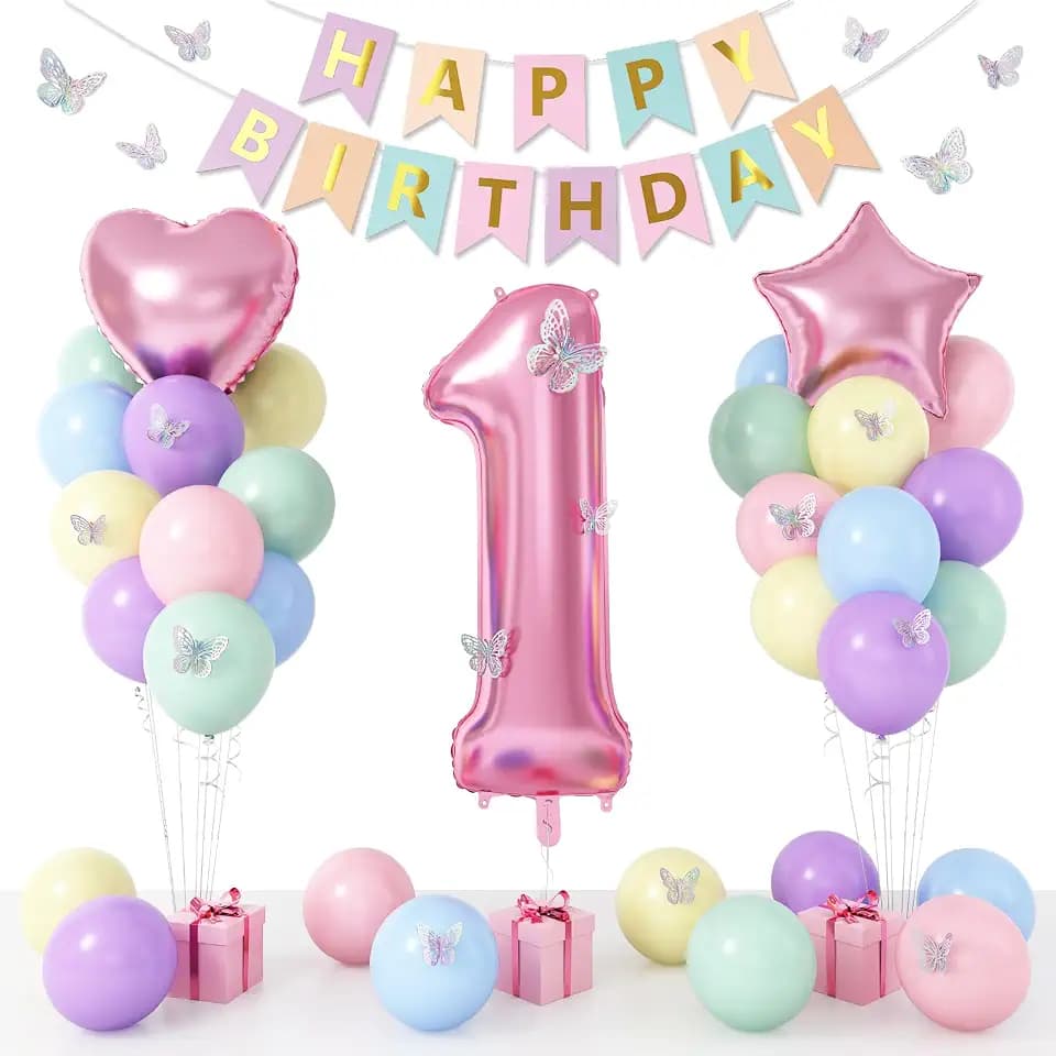 1st Birthday Decorations for Girls, Pastel Macaron 1st Birthday Balloons