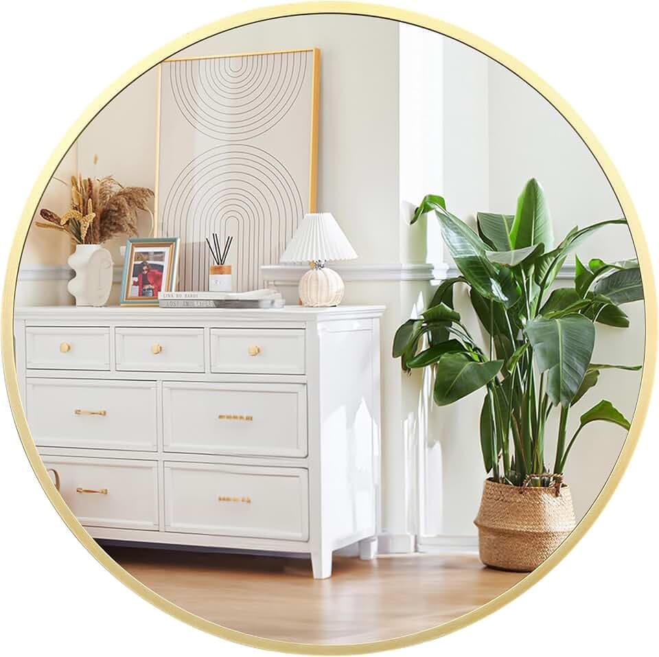 GAOMON 32 Inch Gold Round Bathroom Mirror, Metal Frame Mirror