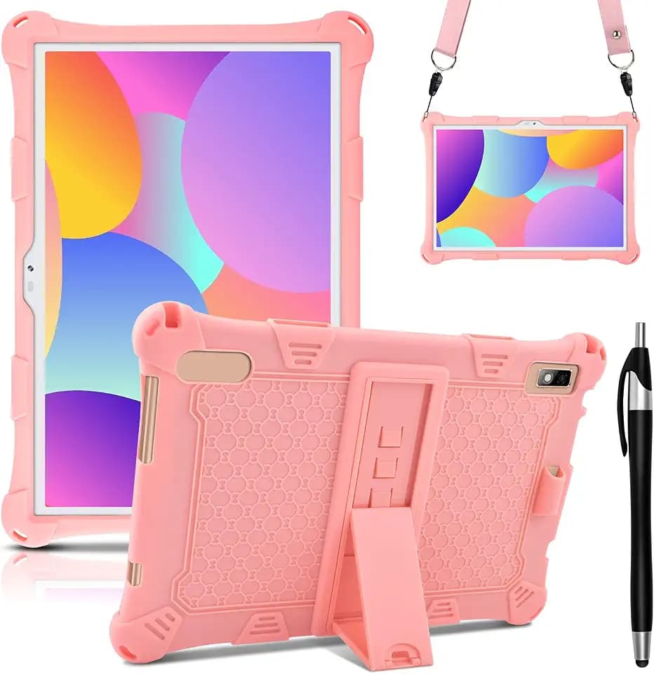 DETUOSI 10 inch Silicone Case, 10 inch Universal Lightweight Protective Cover for VASTKING KingPad K10/Z10, with Adjustable Stand, Stylus Pen & Strap, Pink & Orange