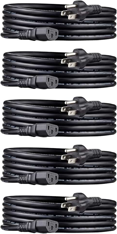 Amazon Basics PC Power Cord, 10 feet, Compatible with Monitor, Computer, TV, 3 Prong, 18 AWG, 125 Volts, Black, 5-Pack