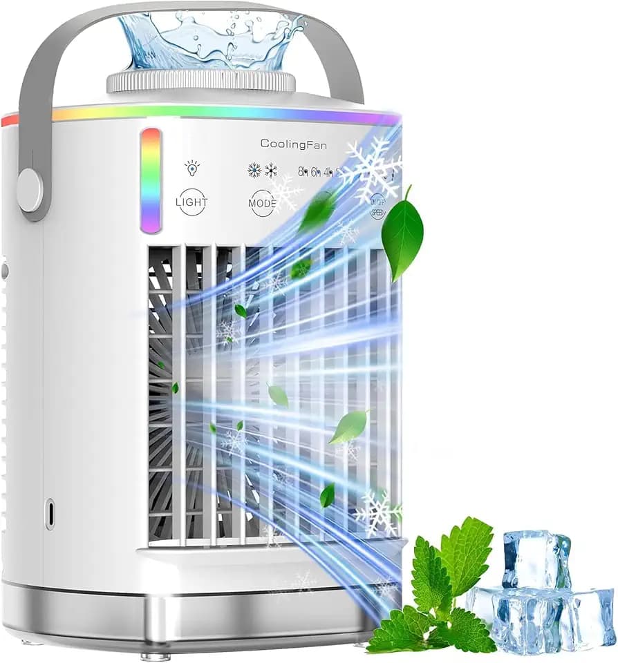 Portable Air Conditioners, Mini Air Conditioner Powerful Evaporative Air Cooler Large Water Tank, Spray Ports,3 Wind Speeds,3 Timers Auto-Off, Colorful Lights, Ac Units for Room Camping Car Office