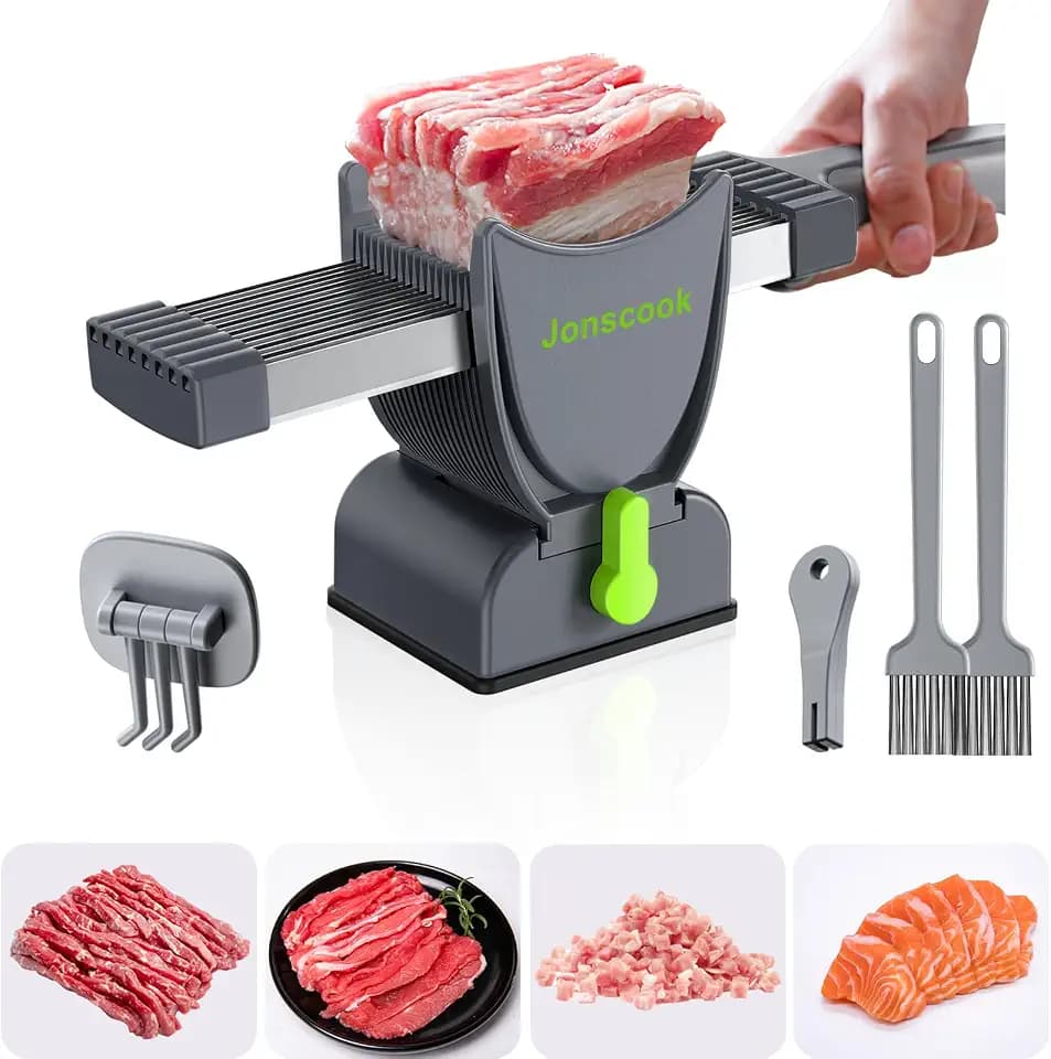 Frischfleischschneider, manueller Fleischschneider für frisches, rohes Fleisch, einstellbare Schnittstärke von 2 mm oder 4 mm, 17 Klingen für 18 Scheiben (Grau)