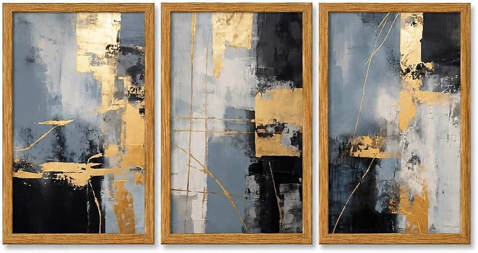 Blue Gray Gold Abstract Framed Wall Art, 3 Piece Set, 12x16 Inch