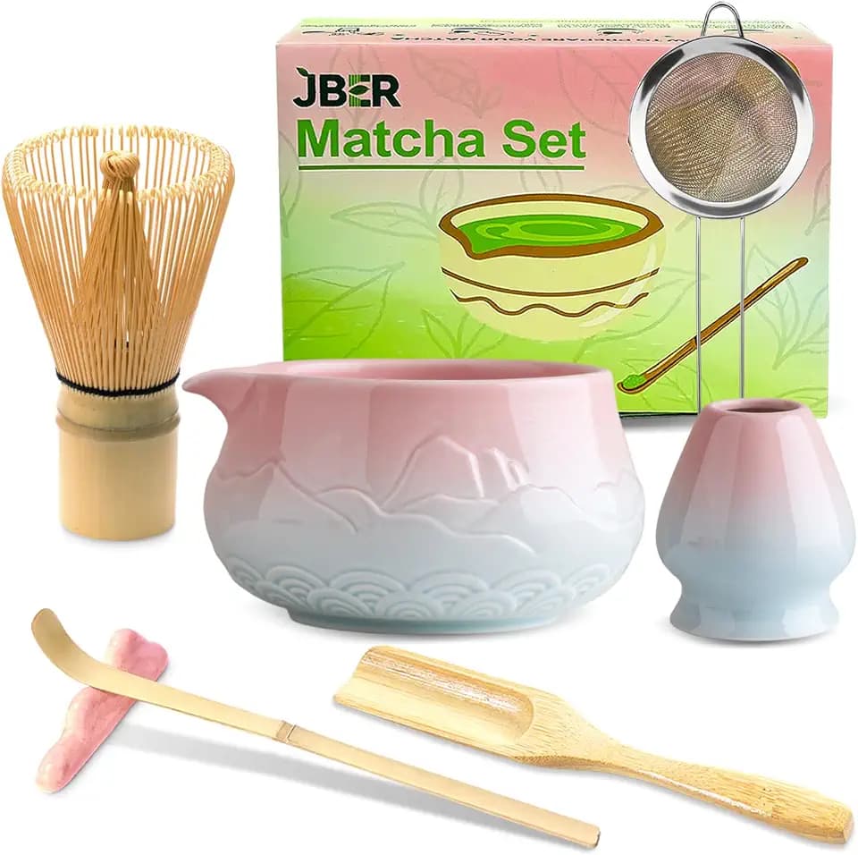 JBER Matcha Set, Matcha Besen Set 7 Stück - Bambusbesen, Matcha Schale mit Ausgießer, Sieb, Geschenkset für Matcha-Zeremonie und Latte-Zubereitung, Rosa