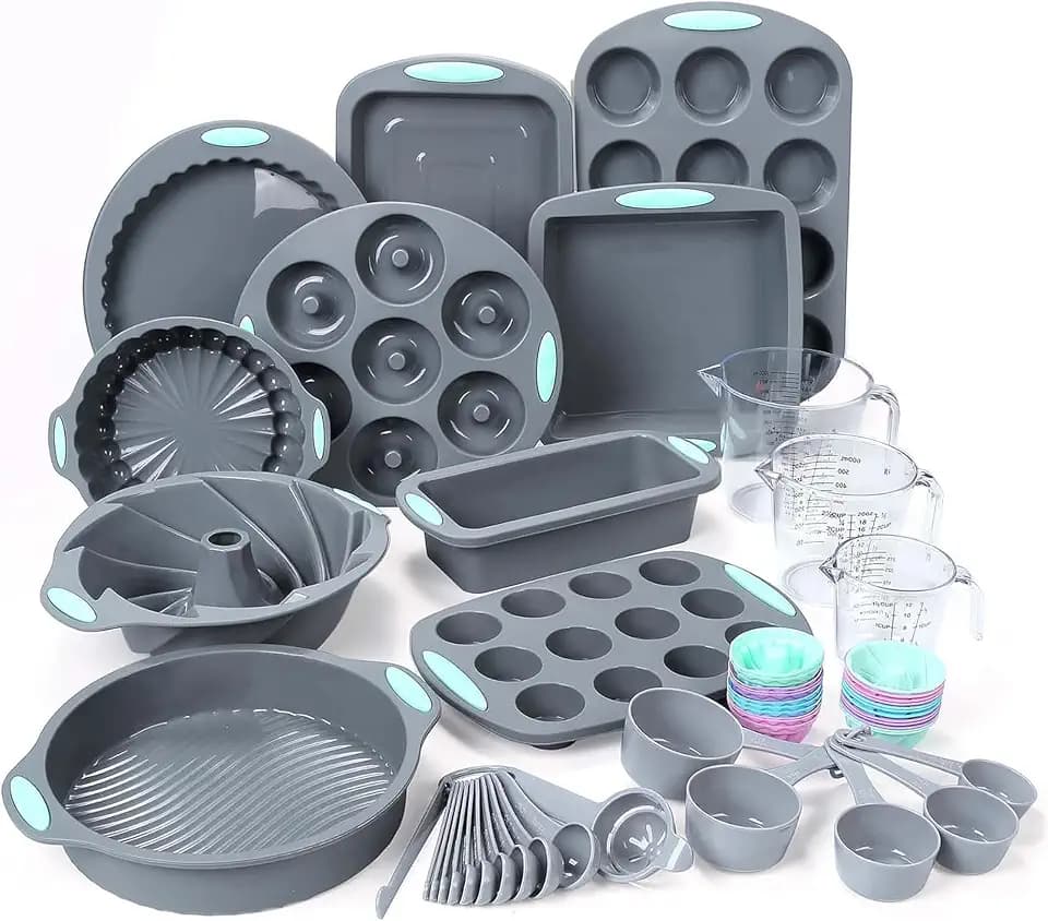 Tongjude 54 Stück Silikon-Backformen Set, 10 Silikon-Kuchenformen, Brotbackform und Muffinformen, Antihaft-Backform, mit Messbecher und Löffel Set, grau