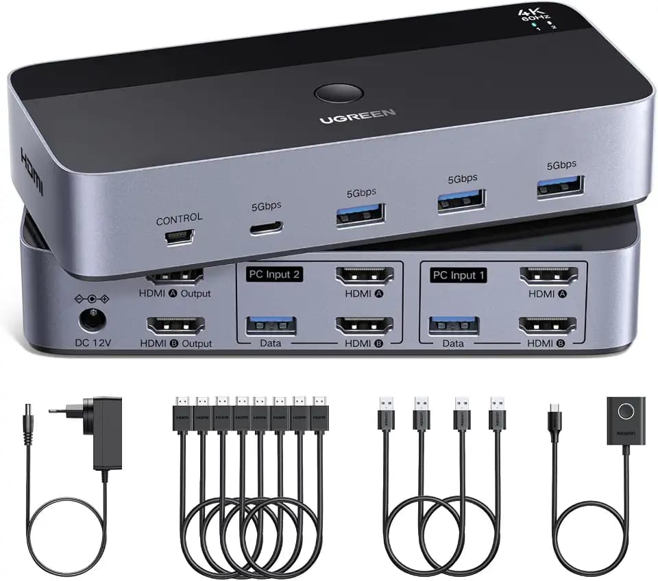 UGREEN HDMI KVM Switch 4K60Hz 2 PC 2 Monitore 4 USB Ports mit 4 HDMI Kabeln