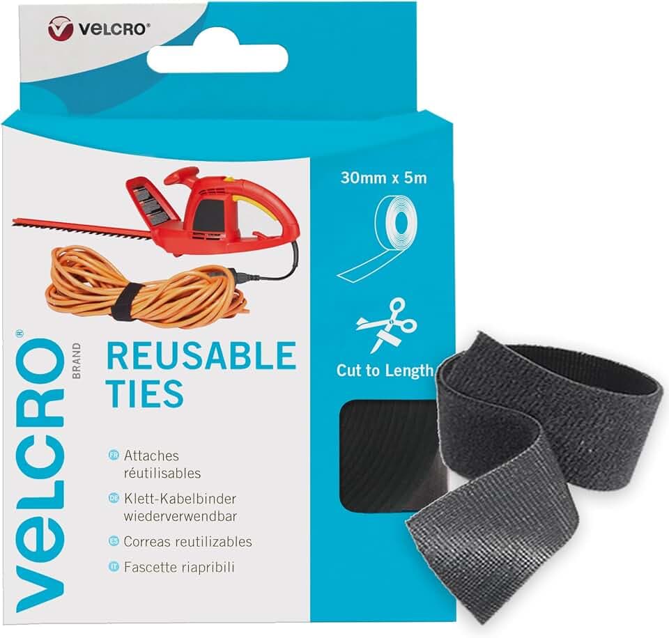 VELCRO Marke | Wiederverwendbare One-Wrap Befestigungen | Vielseitige Befestigungen | Perfekte Schreibtischzubehör für Kabelmanagement & Heimwerken | Schwarz | 30mm x 5m