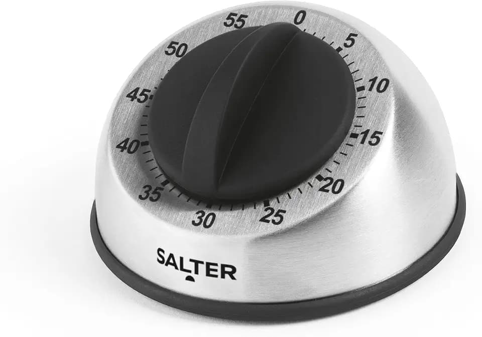 SALTER Mechanischer 60-Minuten Küchentimer Zuverlässige Kochzeit Analoge Uhr, Countdown Mechanismus auf Uhrwerk, langer lauter Ring, griffiges Gummi-Zifferblatt 2 Jahre Garantie, 338 SSBKXR15, Edelstahl