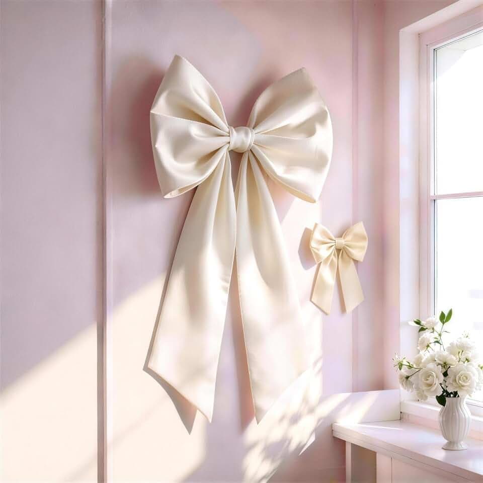 Ivory Bow Decor 2 Pack, Large Small Size Bow Wall Decor