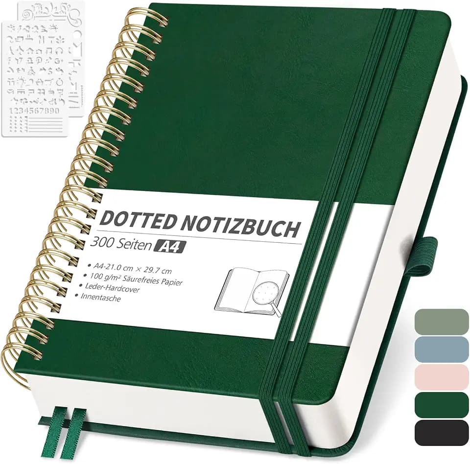 RETTACY Notizbuch A4 Liniert, Bullet Journal mit 100 g/m² Dickem Papier, 150 Blatt/300 Nummerierten Seiten, Collegeblock für Büro und Schule, Lederhülle, Dunkelgrün, 21 cm x 29.7 cm