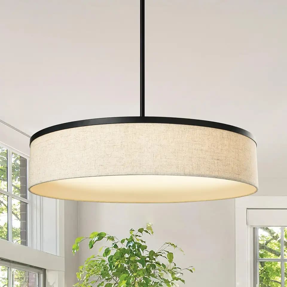 LamQee 20" Drum Chandelier Light Fixture with Integrated LED, Large Fabric Pendant Light in Black Metal + White Linen Shade, Modern Farmhouse Lighting Ceiling Hanging for Dining Room Kitchen Bedroom