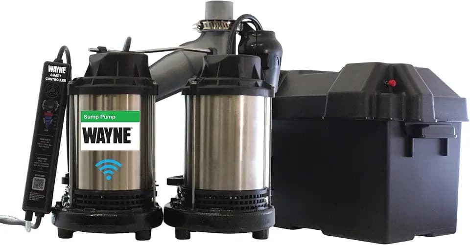 WAYNE WBPS50 1/2 HP Smart Sump Pump System – Primary & Battery Backup Ready, Smart Monitoring & Alerts, 5,100 GPH, Stainless Steel and Cast Iron, 5-Year Warranty