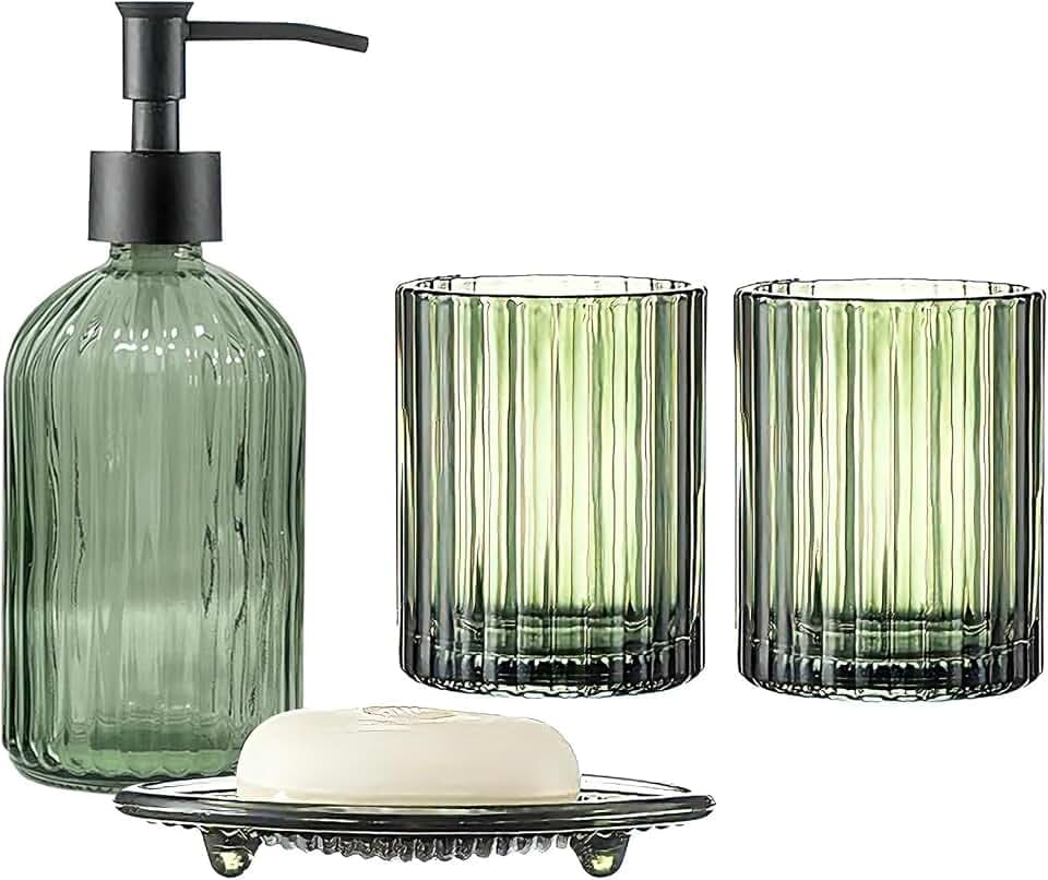 Green Glass Bathroom Accessories Set, 4Pcs Bathroom Set with Soap Dispenser, Toothbrush Holder, Mouthwash Cup & Soap Dish, Sleek Organizer for Contemporary Home/Hotel Decor, Countertop Vanity Organize