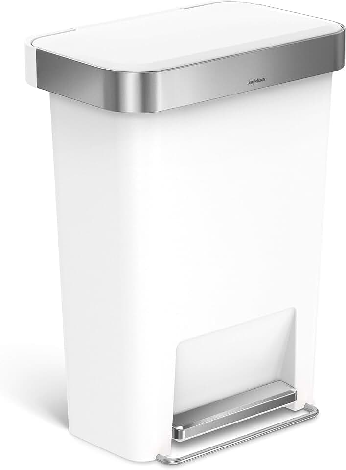 simplehuman CW1387CB 45 Liter, rechteckiger Treteimer mit Beutelfach, Mülleimer Küche, weißer Kunststoff, 5 Jahre Garantie