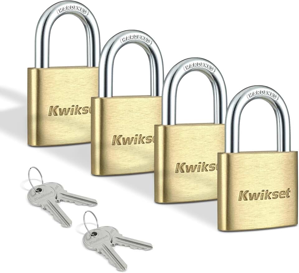 Kwikset Brass Padlock with Hardened Steel Shackle, 4-Pack
