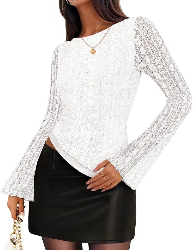 ZESICA Womens Lace Mesh Long Sleeve Asymmetrical Tops