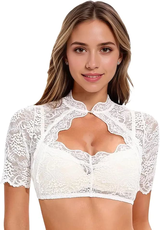 Moerstar Dirndl Bluse Damen, V-Ausschnitt Sexy Weiß Kurzarm Spitze Weiß Dirndlblusen Trachtenbluse Damen Bavarian Costume für Oktoberfest Halloween