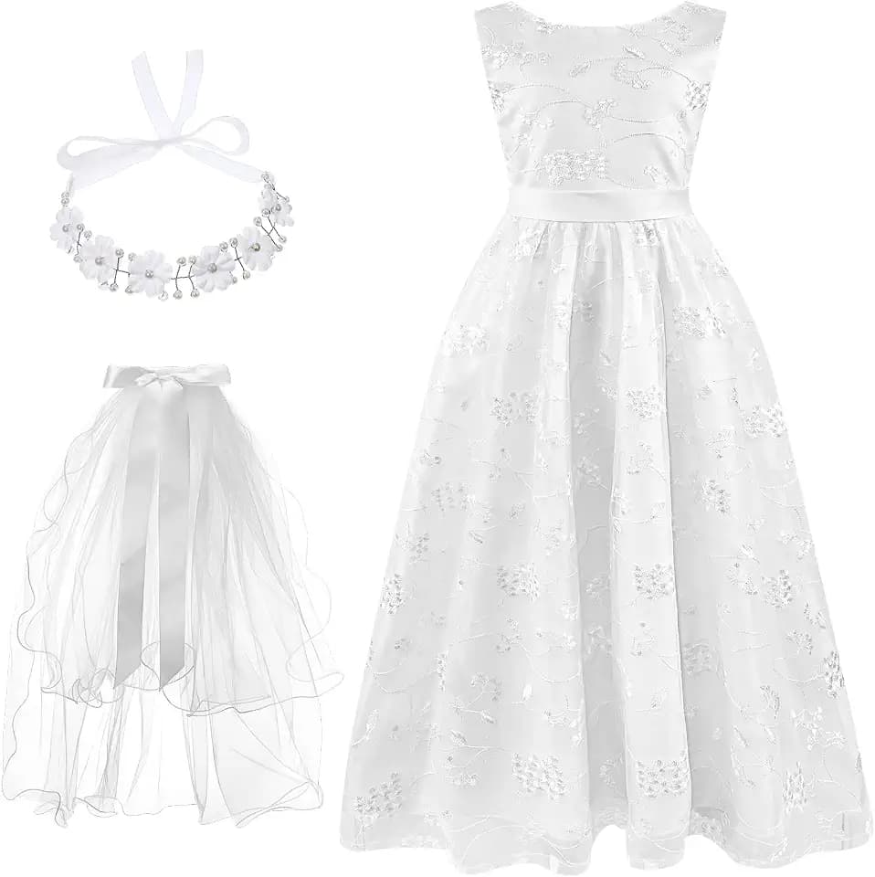 Xuhal 3 Pcs Girls First Communion Costume Set, White Lace Flower Girl Dress with Belt Floral Crown Head Wreath with Veil