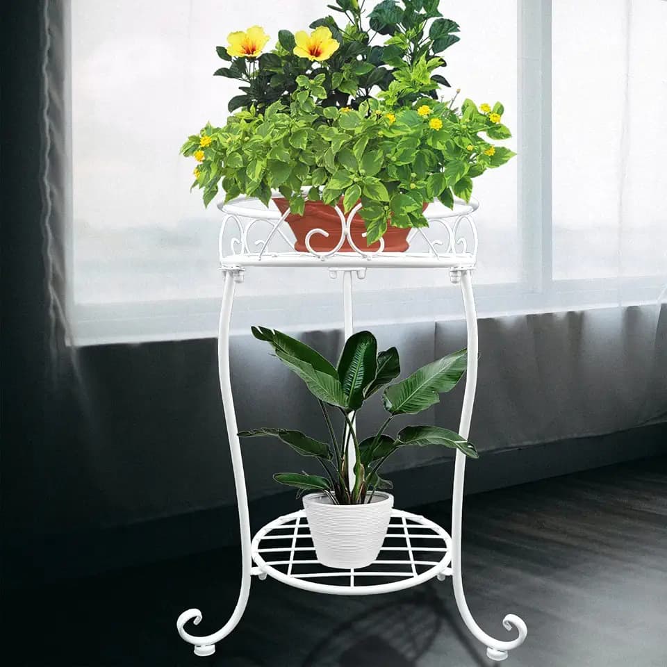NAKUPE White Metal Plant Stand Indoor Outdoor, 18.5inch Tall 2 Tier Shelf